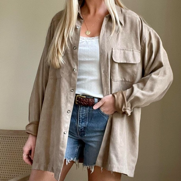 Vintage Faux Suede Button Up Collared Shirt Jacket in Sand - Picture 1 of 4